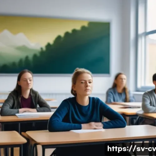 Home 33 생체 반응 자기 조절법의 교육적 접근 - A serene classroom scene in a modern Swedish school featuring diverse students practicing deep breat...