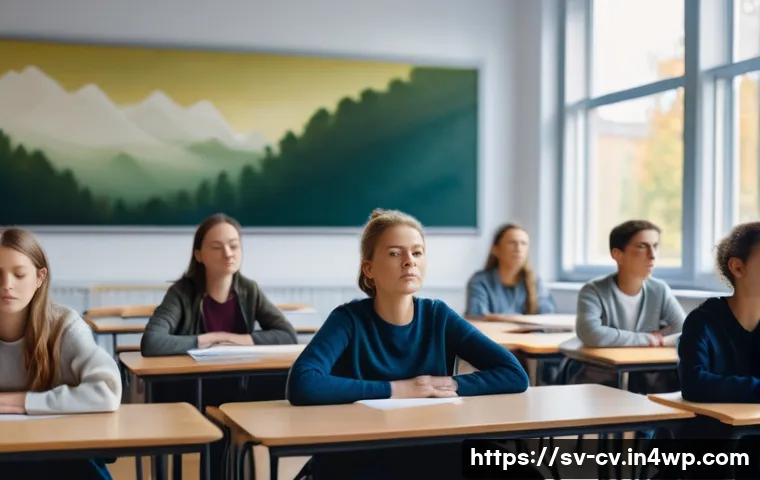 생체 반응 자기 조절법의 교육적 접근 - A serene classroom scene in a modern Swedish school featuring diverse students practicing deep breat...