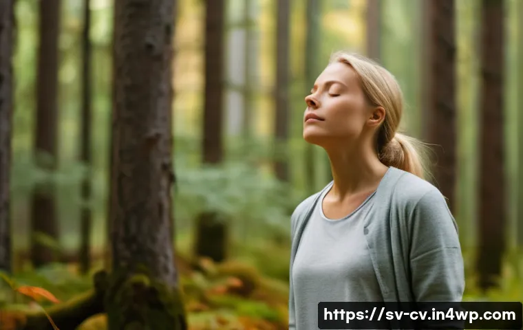 생체 반응 자기 조절법과 과거 경험의 영향 - A serene Scandinavian woman practicing deep breathing exercises outdoors in a lush Swedish forest du...
