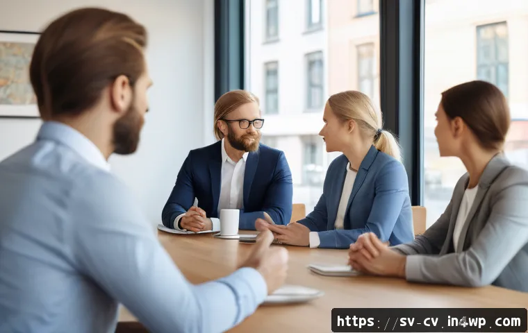 생체 반응 자기 조절법과 대인관계 기술 - A professional Scandinavian office meeting scene with diverse adults engaging in active listening an...