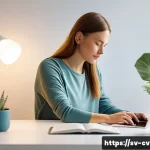 Home 23 생체 반응 자기 조절법과 개인적인 발전 - A serene Scandinavian home office setting with a young adult woman sitting comfortably in casual clo...