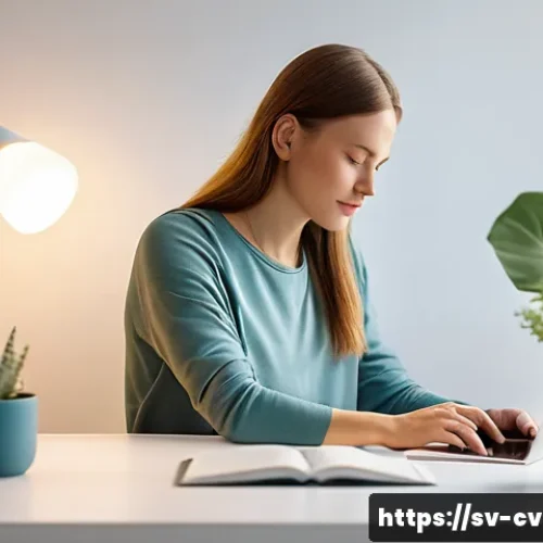 Home 17 생체 반응 자기 조절법과 개인적인 발전 - A serene Scandinavian home office setting with a young adult woman sitting comfortably in casual clo...