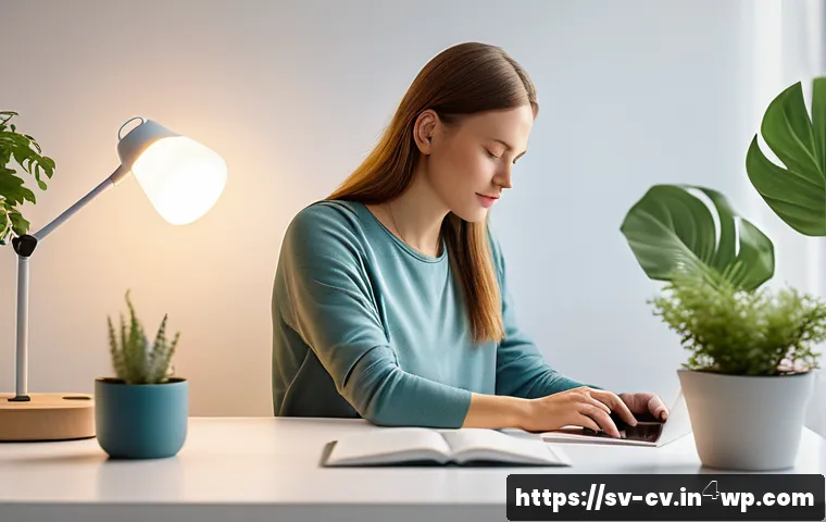 생체 반응 자기 조절법과 개인적인 발전 - A serene Scandinavian home office setting with a young adult woman sitting comfortably in casual clo...