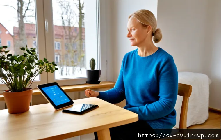 Home 17 생체 반응 자기 조절법 성공 사례 분석 - Photorealistic Swedish wellness success story, calm middle-aged woman seated in a bright Scandinavia...